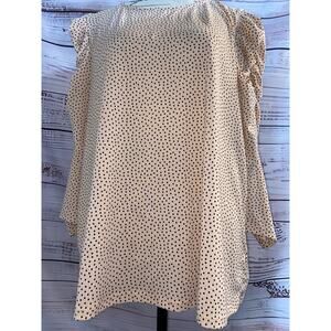 Adrianna Papell Puff Sleeve Top Womens M Black Polka Dot Ruffle Pleat Stretch